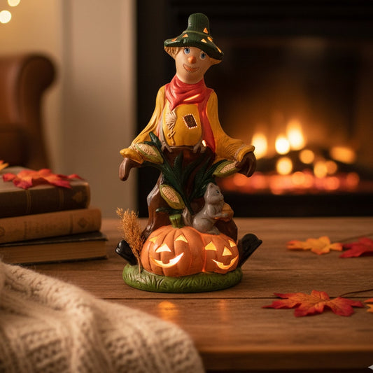 1970s Hand-Painted Ceramic Scarecrow & Pumpkin Jack-o'-Lantern Luminary