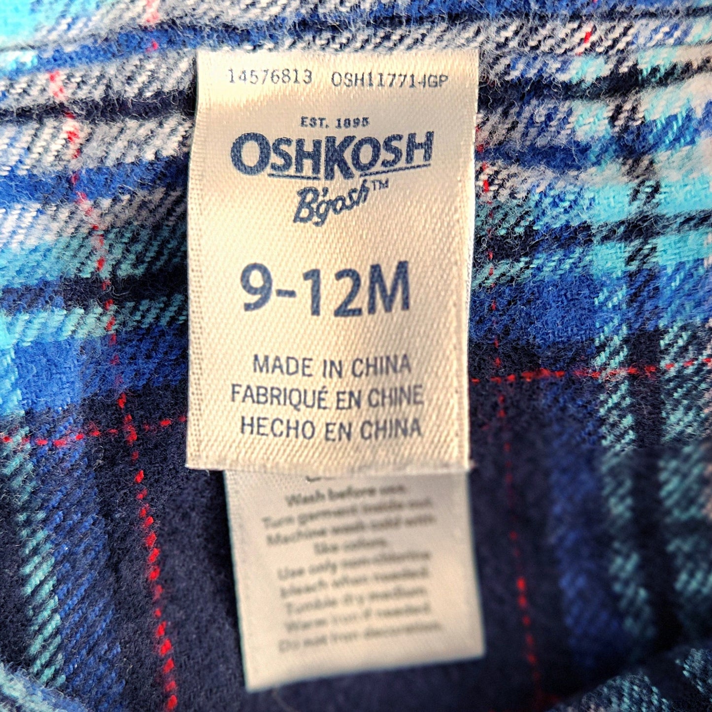 Oshkosh B'gosh Navy Blue Corduroy Overalls Plaid Flannel Lined Size 9-12 months