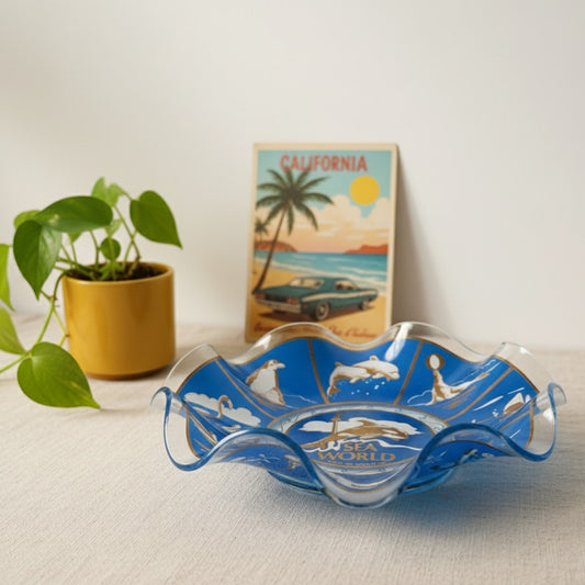 1976 Souvenir Blue Glass Ruffled Edge Bowl/Dish - Shamu & Friends Marine Life Decor