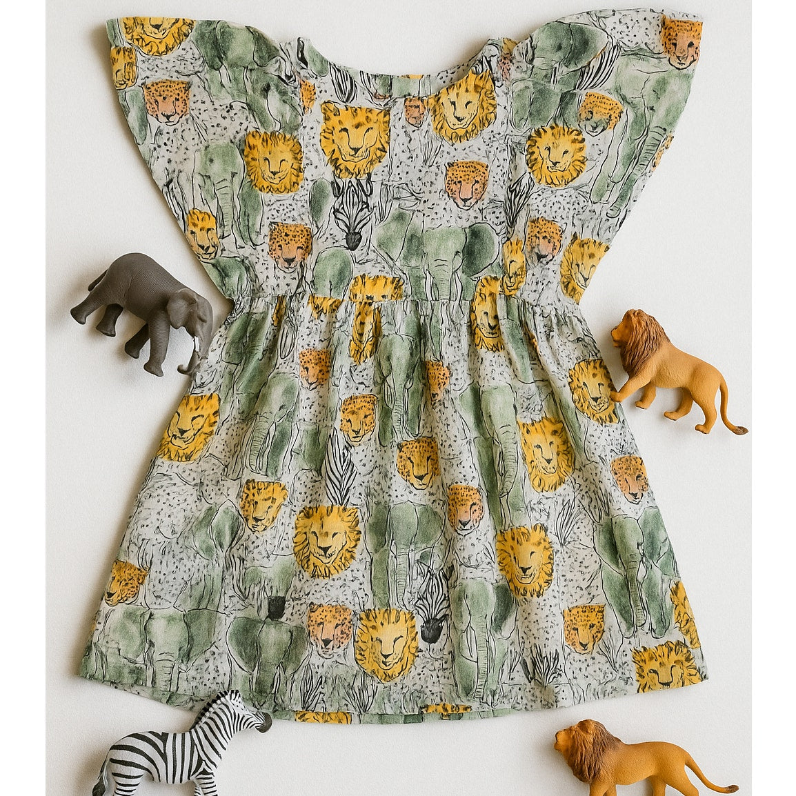 Tea Collection Girls Safari Toile Butterfly Sleeve Twirl Dress – Size 6 – Elephants, Lions, Zebras, Cheetahs Print
