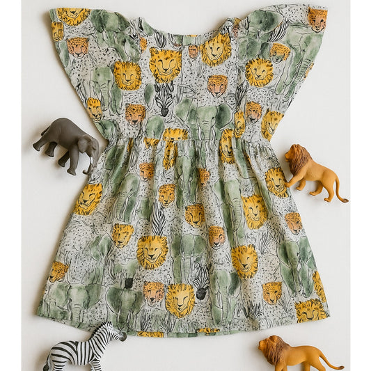 Tea Collection Girls Safari Toile Butterfly Sleeve Twirl Dress – Size 6 – Elephants, Lions, Zebras, Cheetahs Print