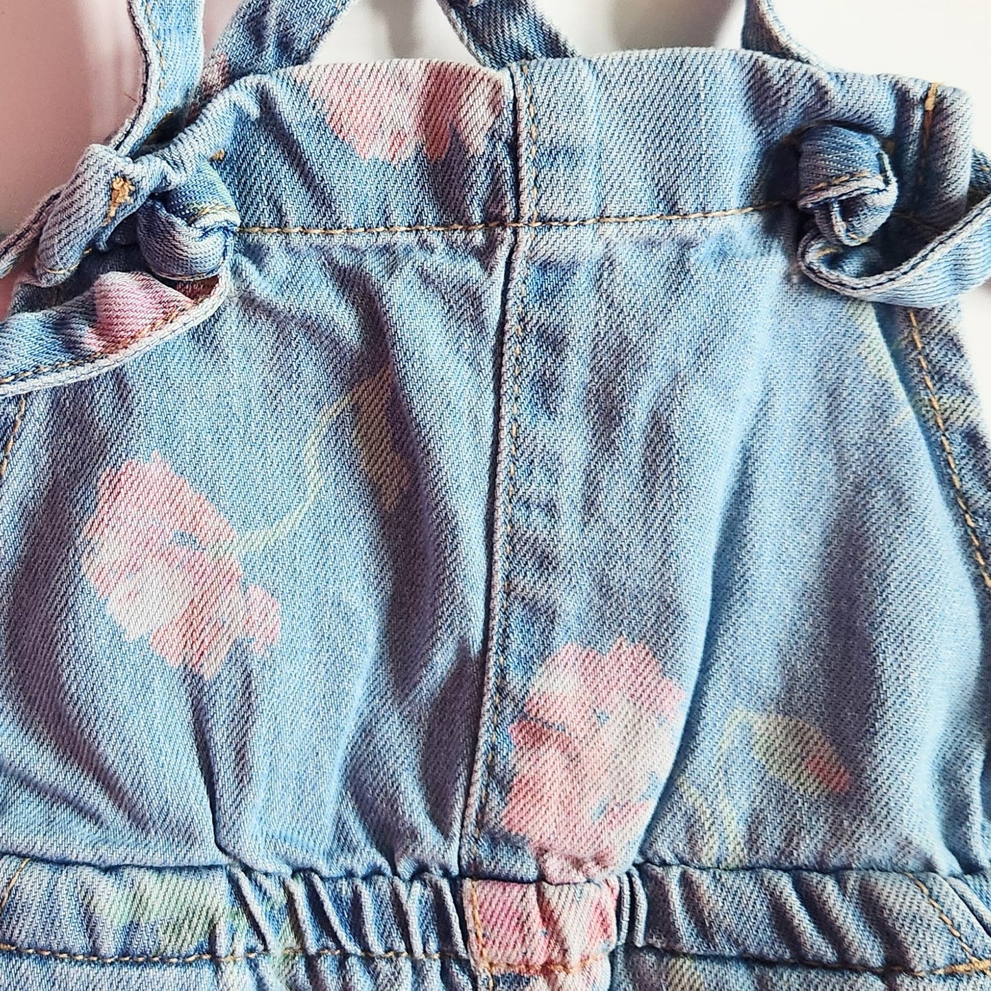 OshKosh B'gosh Pink Flower Adjustable Knotted Straps Denim Shortalls Size 2T