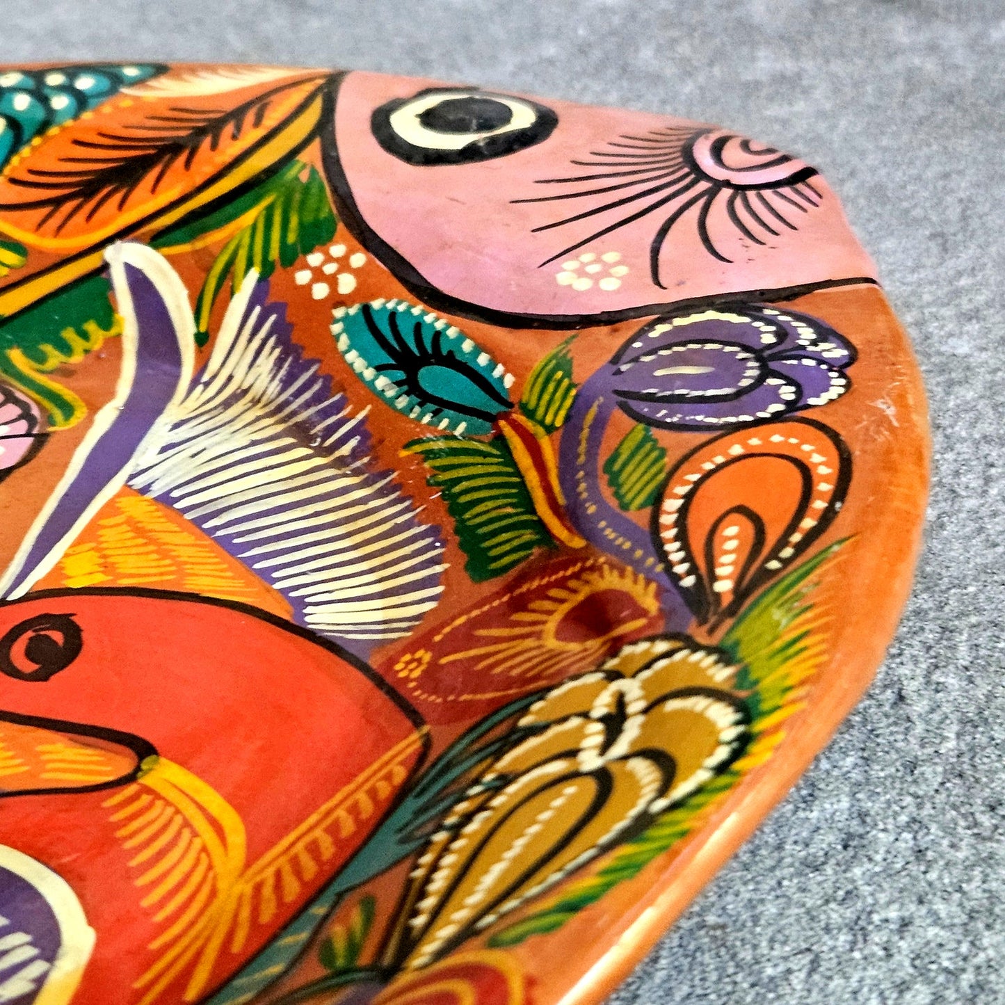 1980s Hand Painted Folk Art Terracotta Fish Tray Wall Plaque