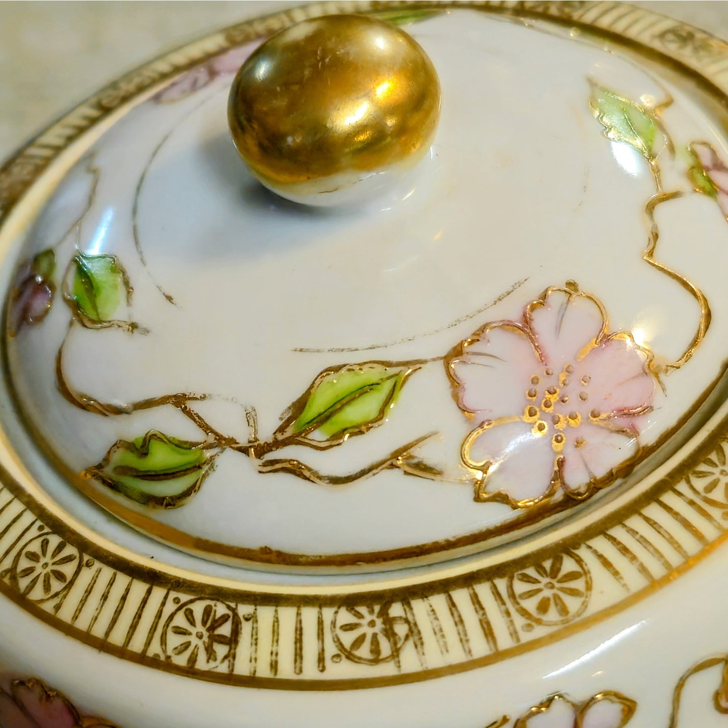 Antique Japanese Nippon Porcelain Cherry Blossom Creamer & Covered Sugar Bowl