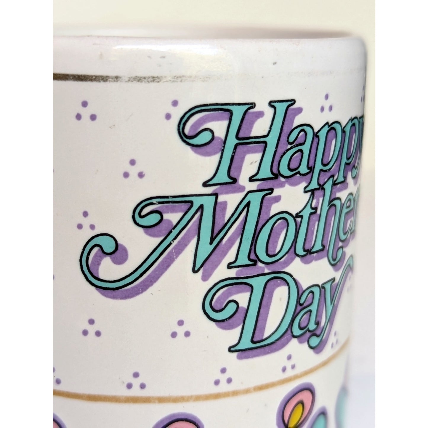 Vintage 1990s Mother’s Day Mug | 1994 Retro Ceramic Coffee Cup | Aqua & Purple Floral Design | Home Gift for Mom