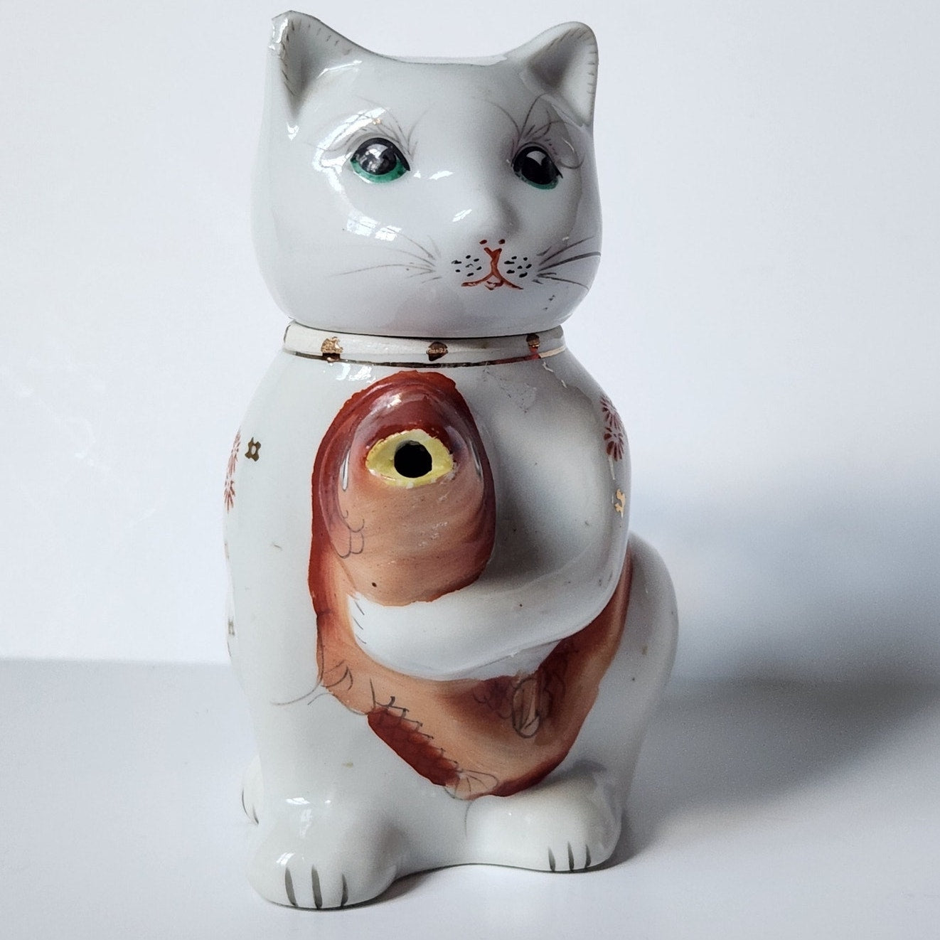 Vintage Cat & Koi Porcelain Teapot • Hand-Painted Lid/Spout • Metallic Gold