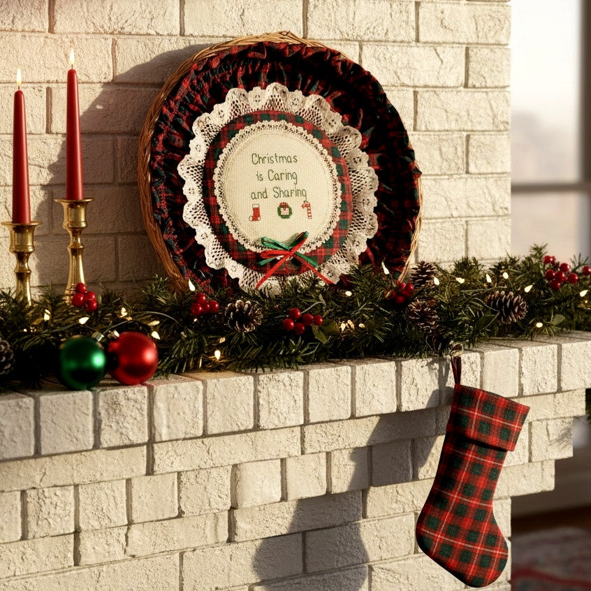 🎁 Vintage 1987 Christmas Cross Stitch Wall Basket – “Christmas is Caring and Sharing” – B. Bartusek Simple Country Pleasures