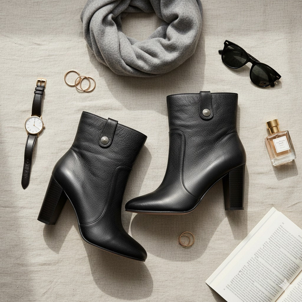 Black Pebbled Leather Heeled Ankle Booties with Pewter Stud | Women's 7.5 | NWOT