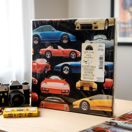 Vintage Hallmark Gift Wrap – Sports Cars Wrapping Paper – 2 Sheets, 1980s Expressions by Hallmark – Classic Car Gift Wrap – Retro Auto Party Supplies