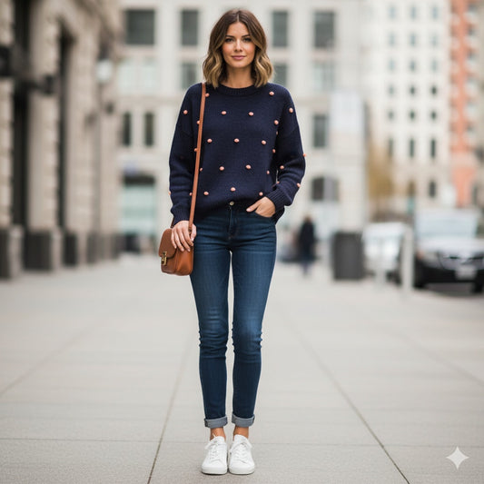 Madewell Wellesley Bobble Pullover Sweater Navy & Orange Pom-Pom | Women's M