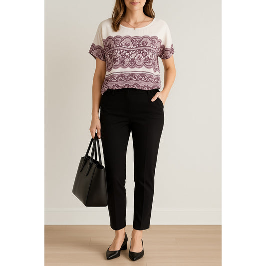 Under Skies Women’s Short Sleeve Purple Lace Print Blouse | Lightweight Pleated Top | Women's Size M