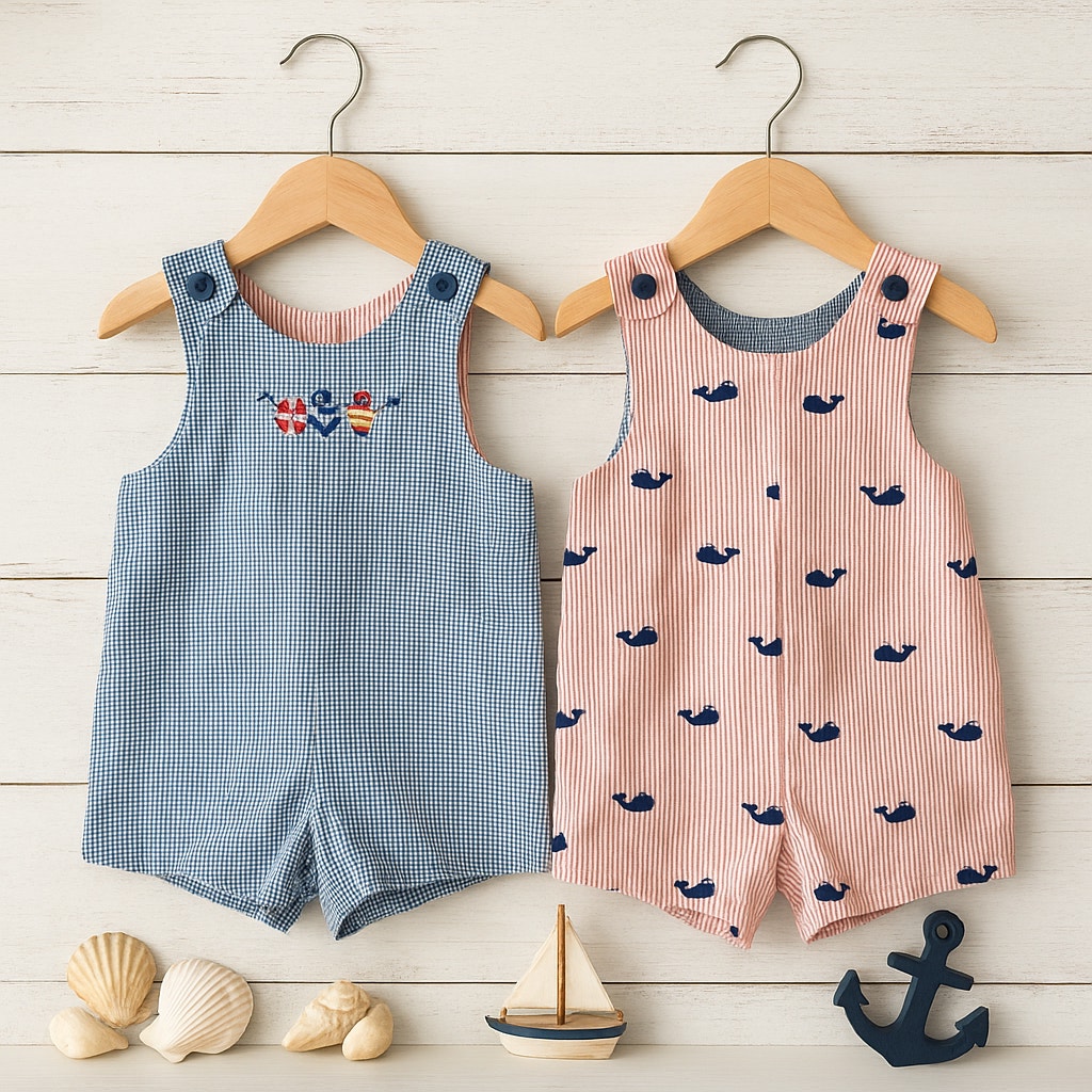 Vintage Just Ducky Reversible Baby Boy Romper Nautical Seersucker | Size 24 Months