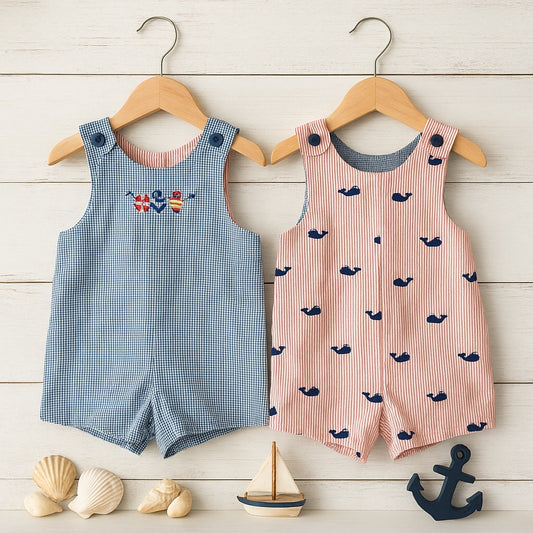 Vintage Just Ducky Reversible Baby Boy Romper Nautical Seersucker | Size 24 Months