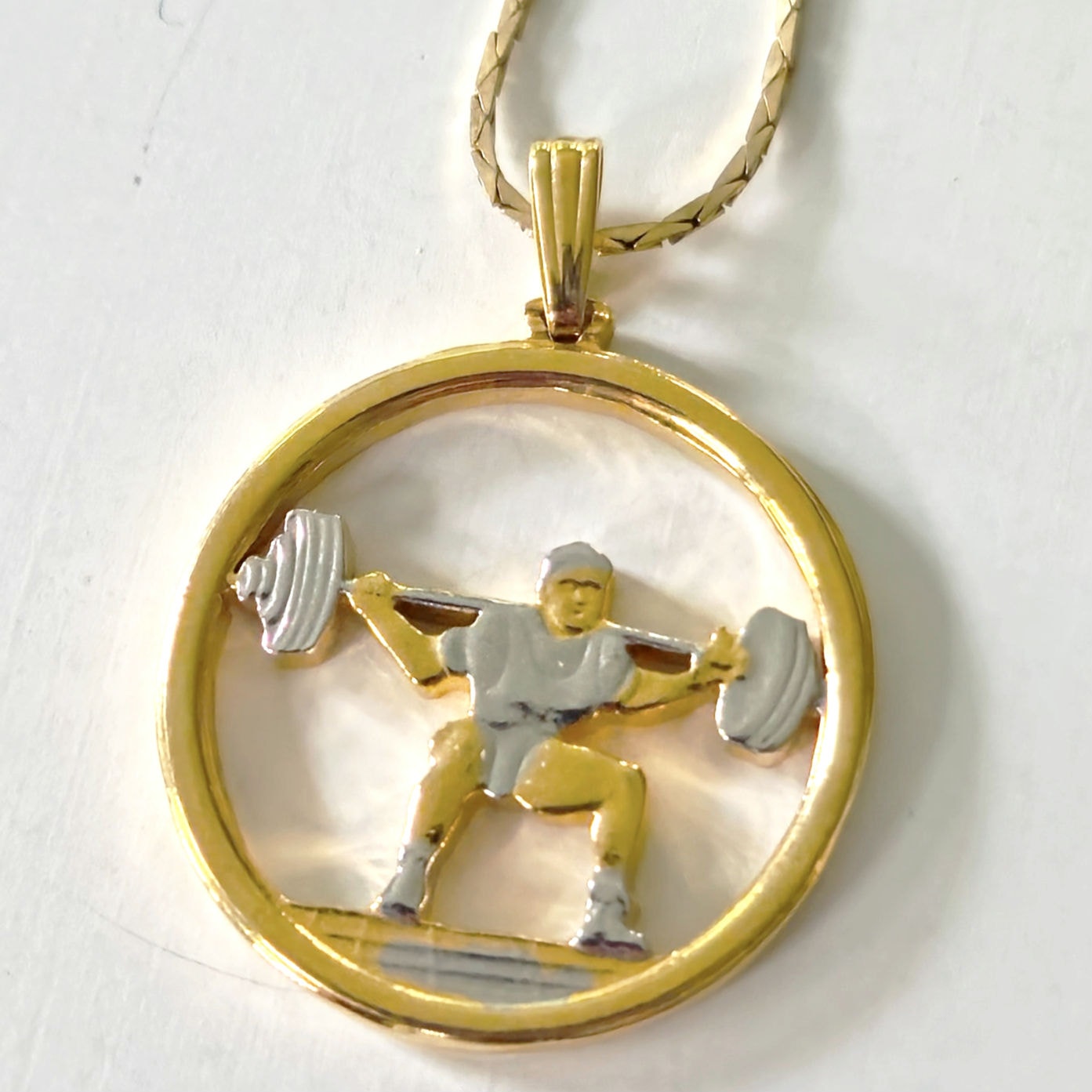 Vintage Minimalist Weightlifter Pendant Necklace | 1980s Sculptural Gold Luxury Fitness Aesthetic
