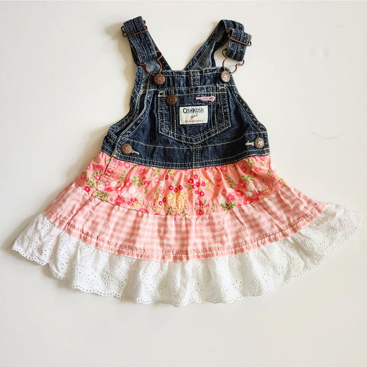 Oshkosh B'Gosh Pink Floral Gingham Eyelet Skirted Overalls | Baby Size 12 months