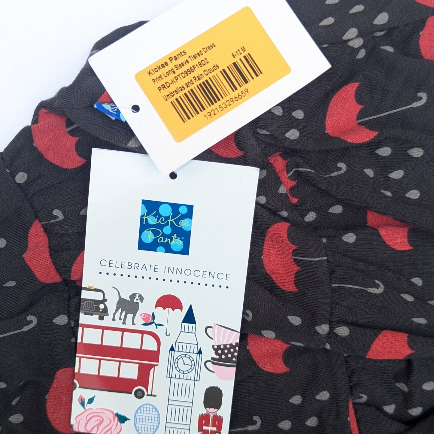 KicKee Baby Bamboo Umbrellas & Rain Clouds Long Sleeve Dress | Size 6-12M | NWT