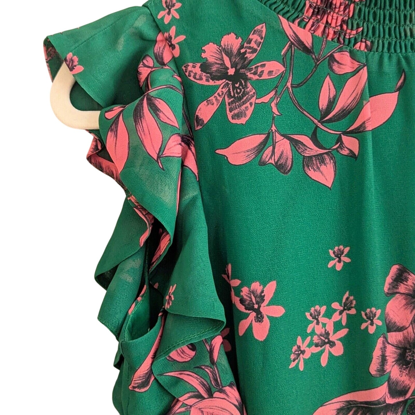 Sam Edelman Green Pink Floral High Neck Ruffle Dress Women's Size 2 Wedding Guest Party Travel