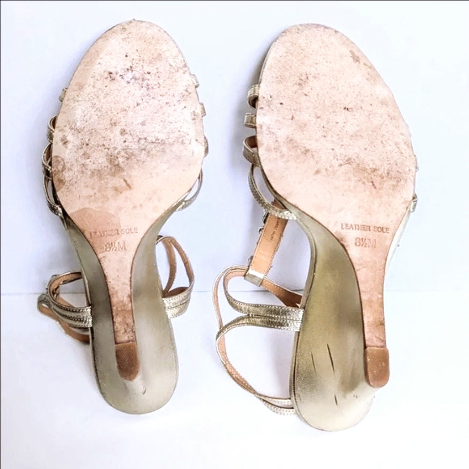 Badgley Mischka Kole T-Strap Jewel Embellished Wedge Sandals Gold Metallic | Women's Size 8.5