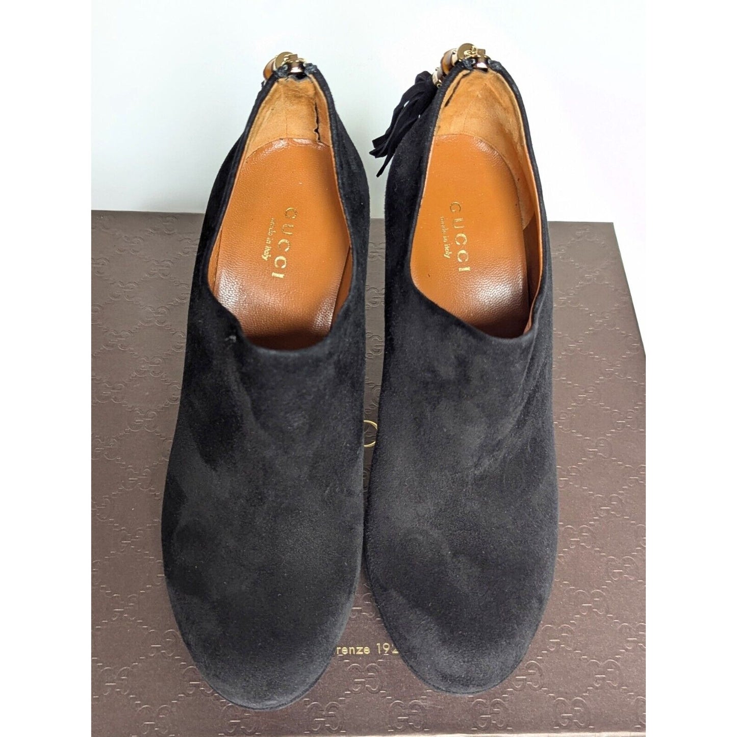 Gucci Betty High Heel Platform Bootie Size 36.5 | 6.5 Black Suede Bamboo Tassel