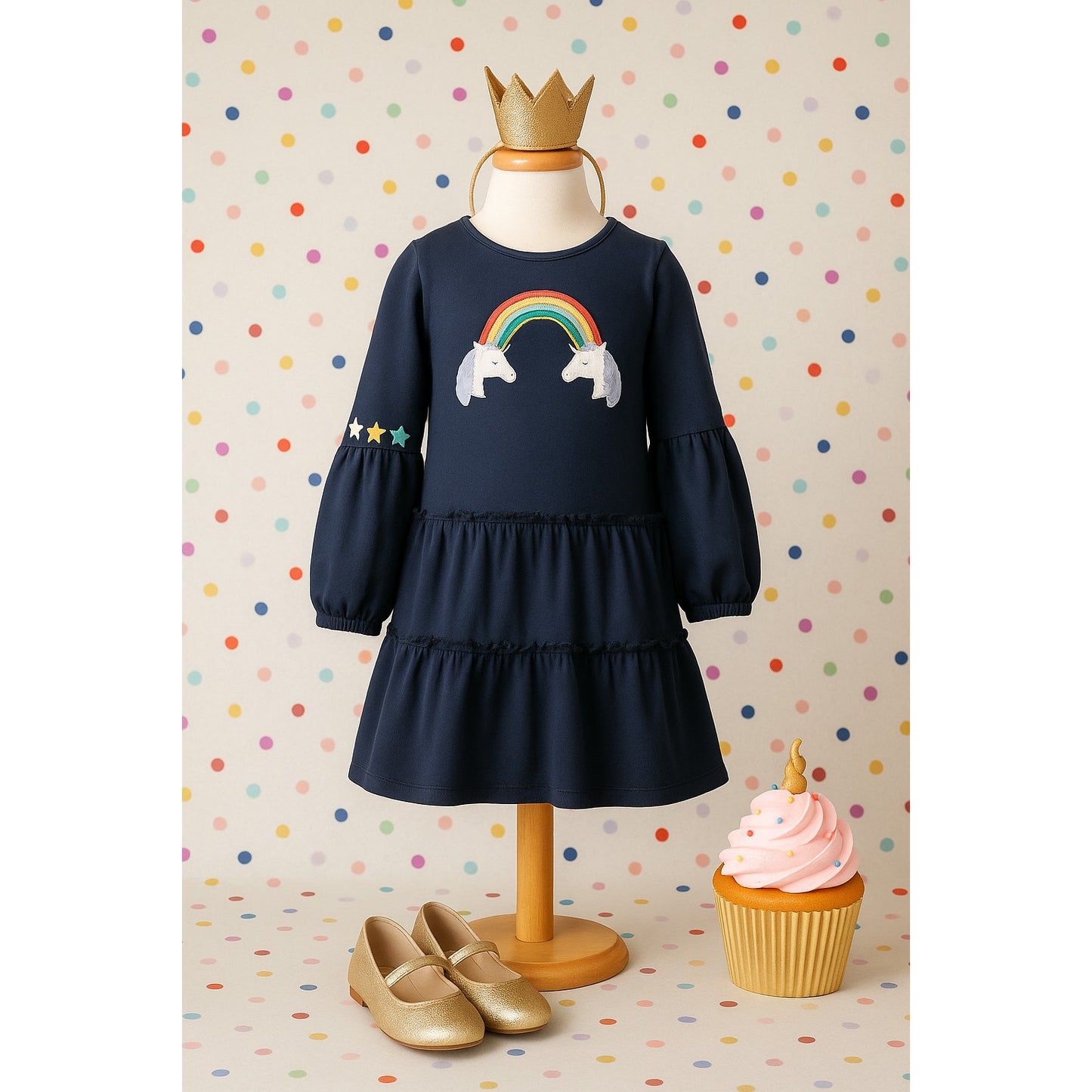 Mini Boden Navy Rainbow Unicorn Appliqué Dress | Girls Size 7-8 (128 cm) | Long Sleeve Tiered Twirl Dress