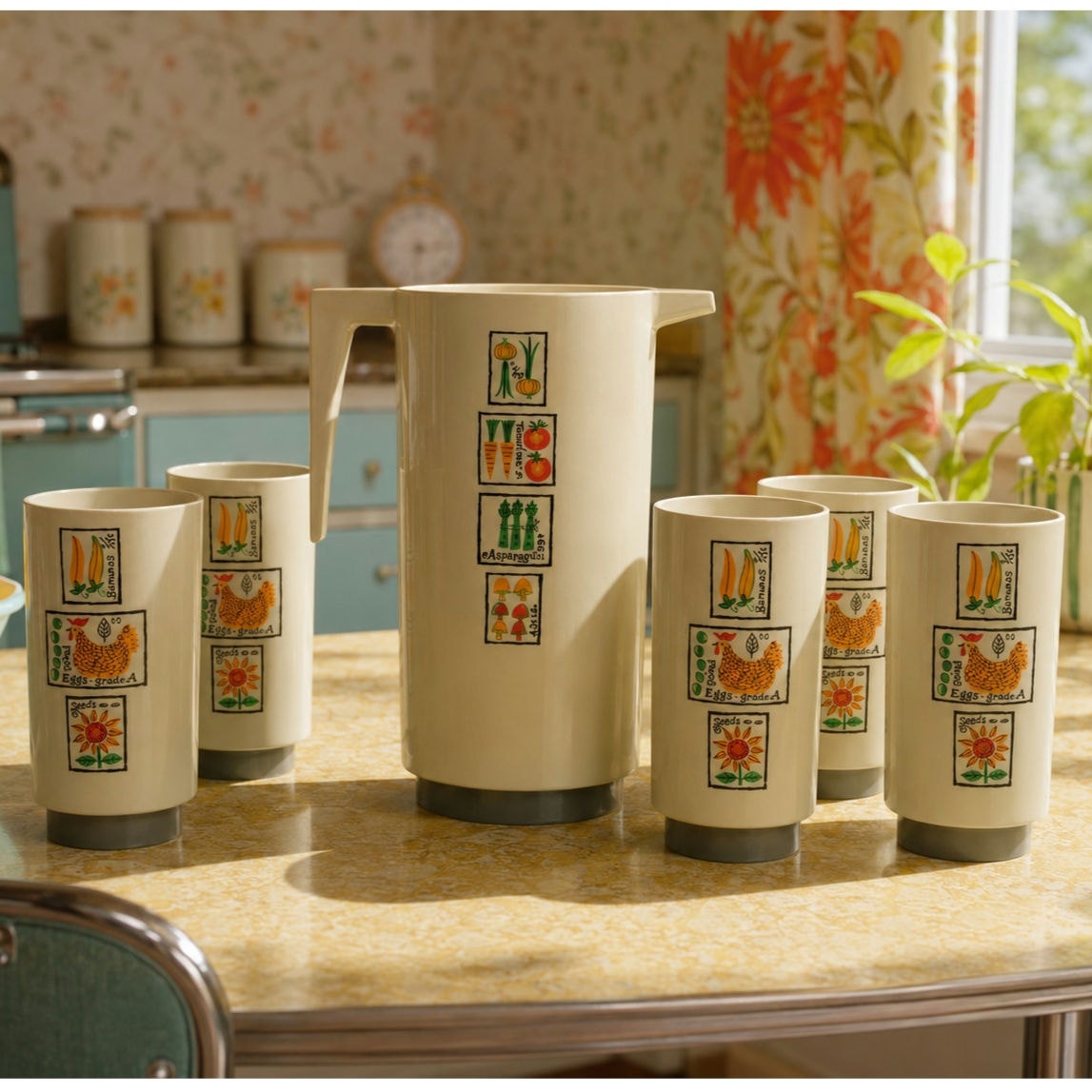 Vintage 1960s Loma Industries Farmers Market Plastic Pitcher and 5 Cup Set