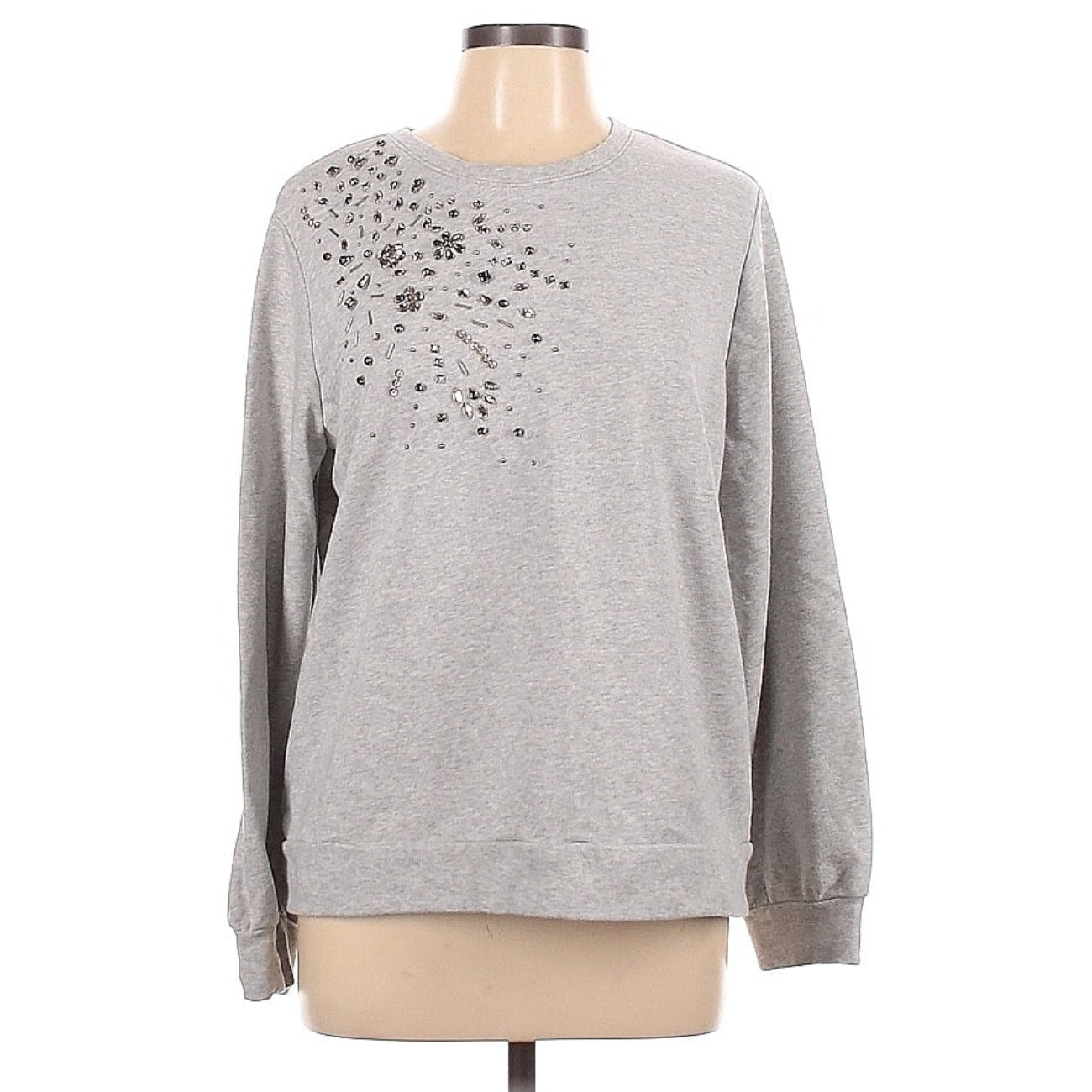Embellished Gray Crewneck Sweatshirt | Smoky Silver Studs | Women's L