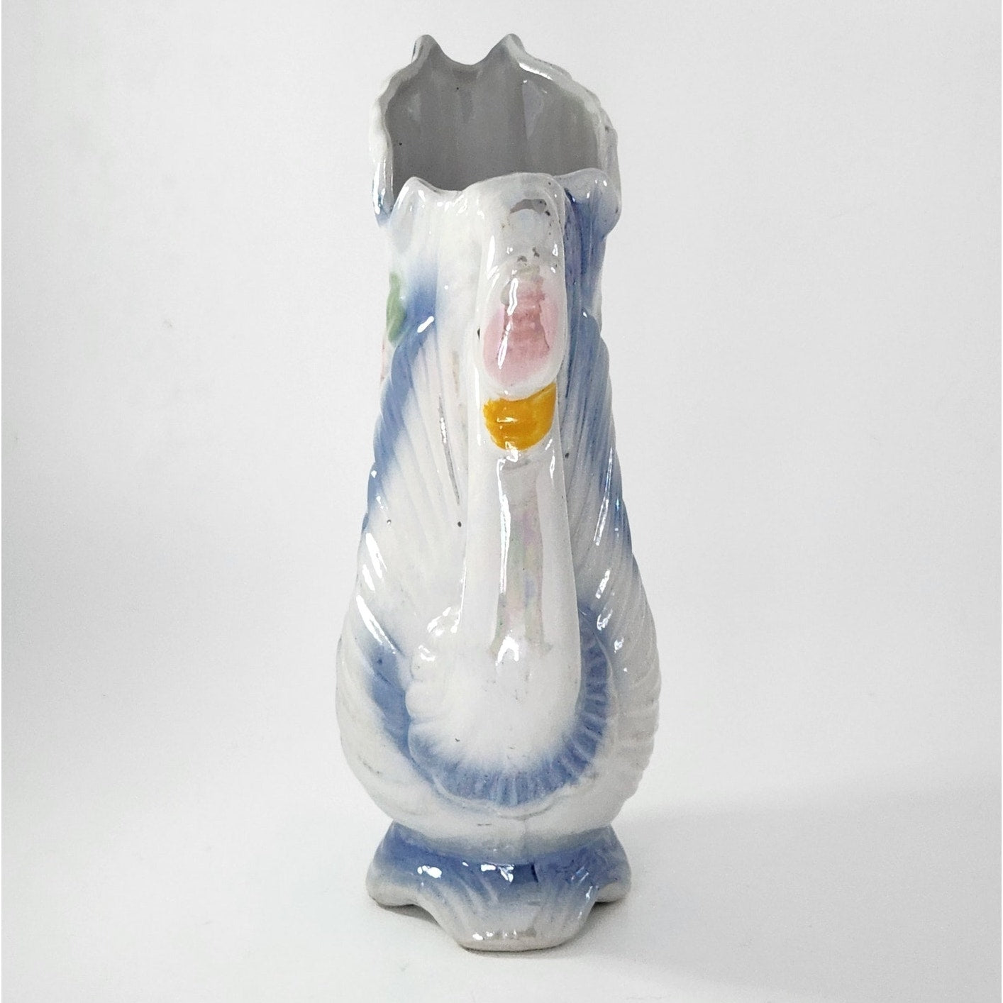 Vintage MCM Swan Vase – Iridescent Ceramic Swan Planter with Pastel Flowers