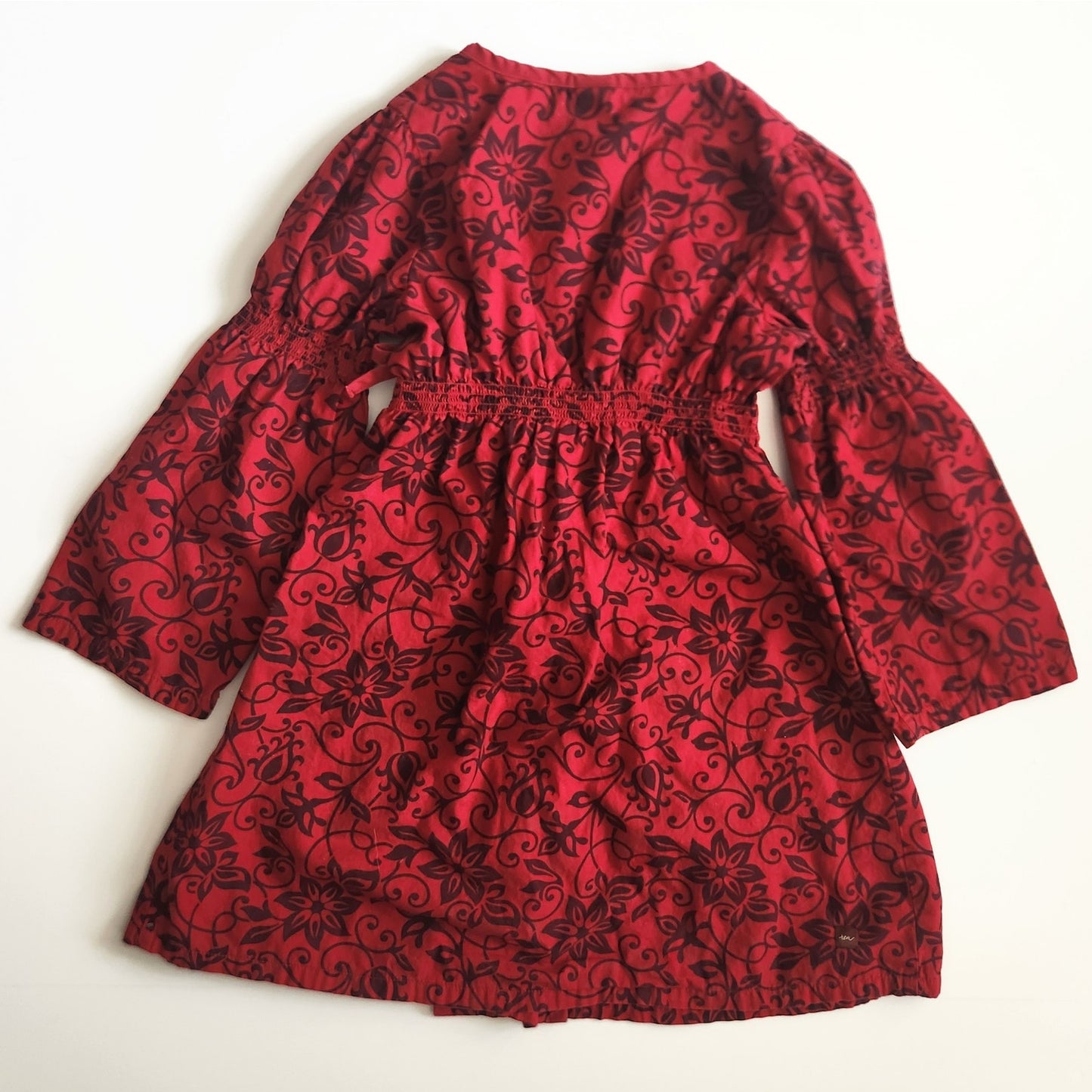 Red Floral Scroll Wrap Dress | Long Bell Sleeves | Girls Size 5