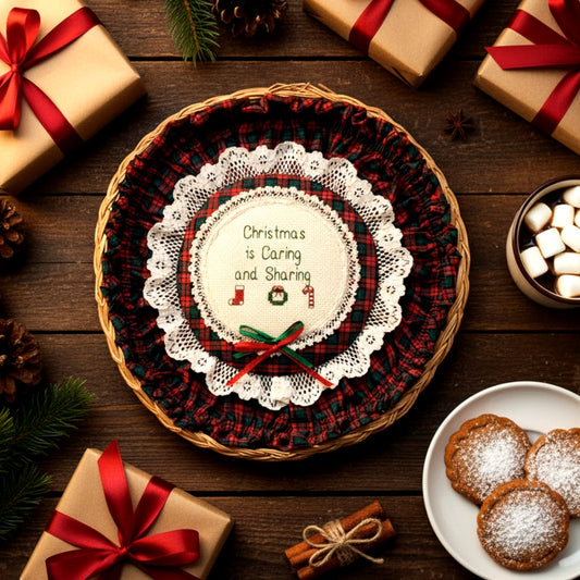 🎁 Vintage 1987 Christmas Cross Stitch Wall Basket – “Christmas is Caring and Sharing” – B. Bartusek Simple Country Pleasures