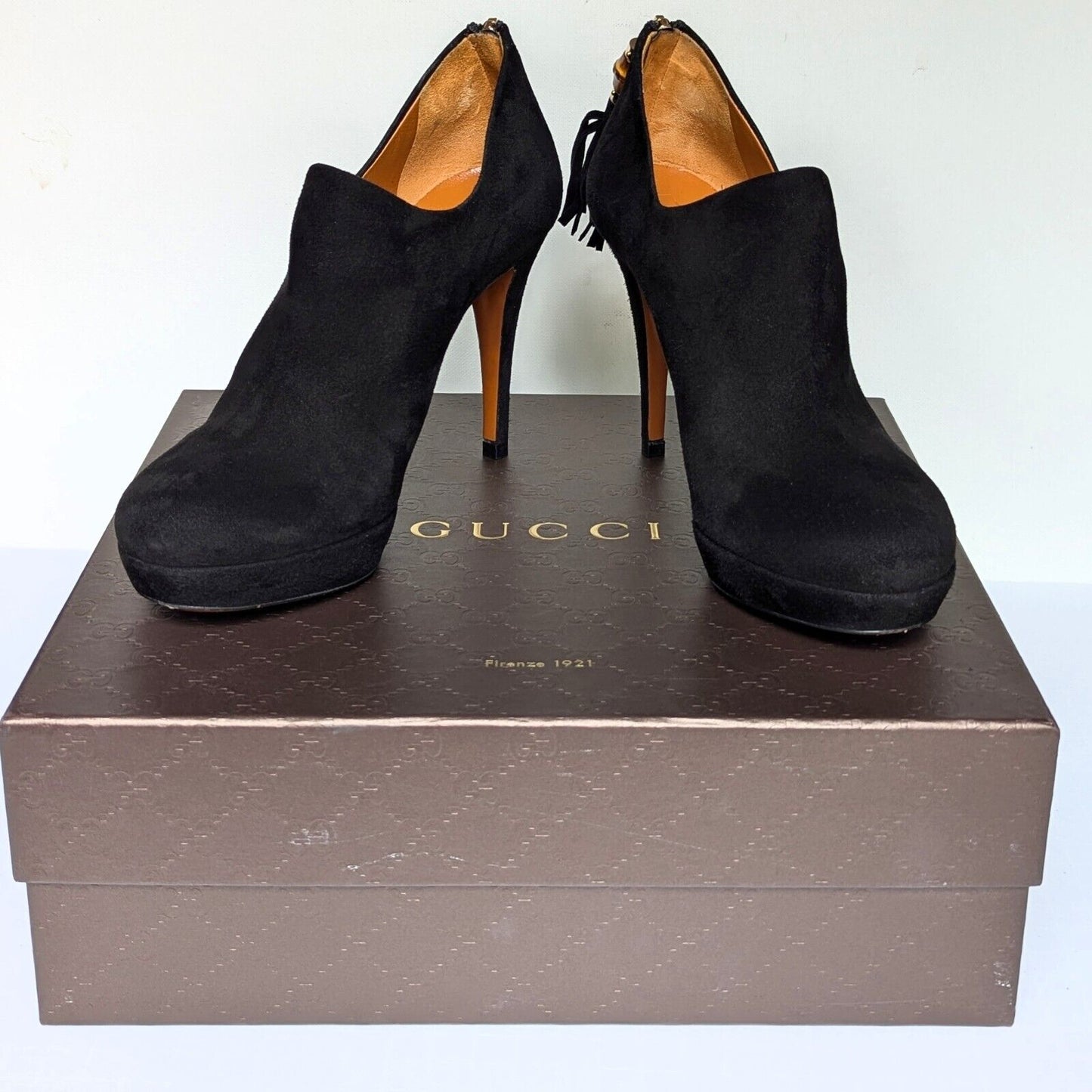 Gucci Betty High Heel Platform Bootie Size 36.5 | 6.5 Black Suede Bamboo Tassel