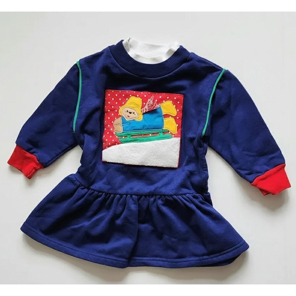 Paddington Bear Vintage 1990s Toddler Girls Blue Sweatshirt Dress Winter Sledding Applique Size 3T