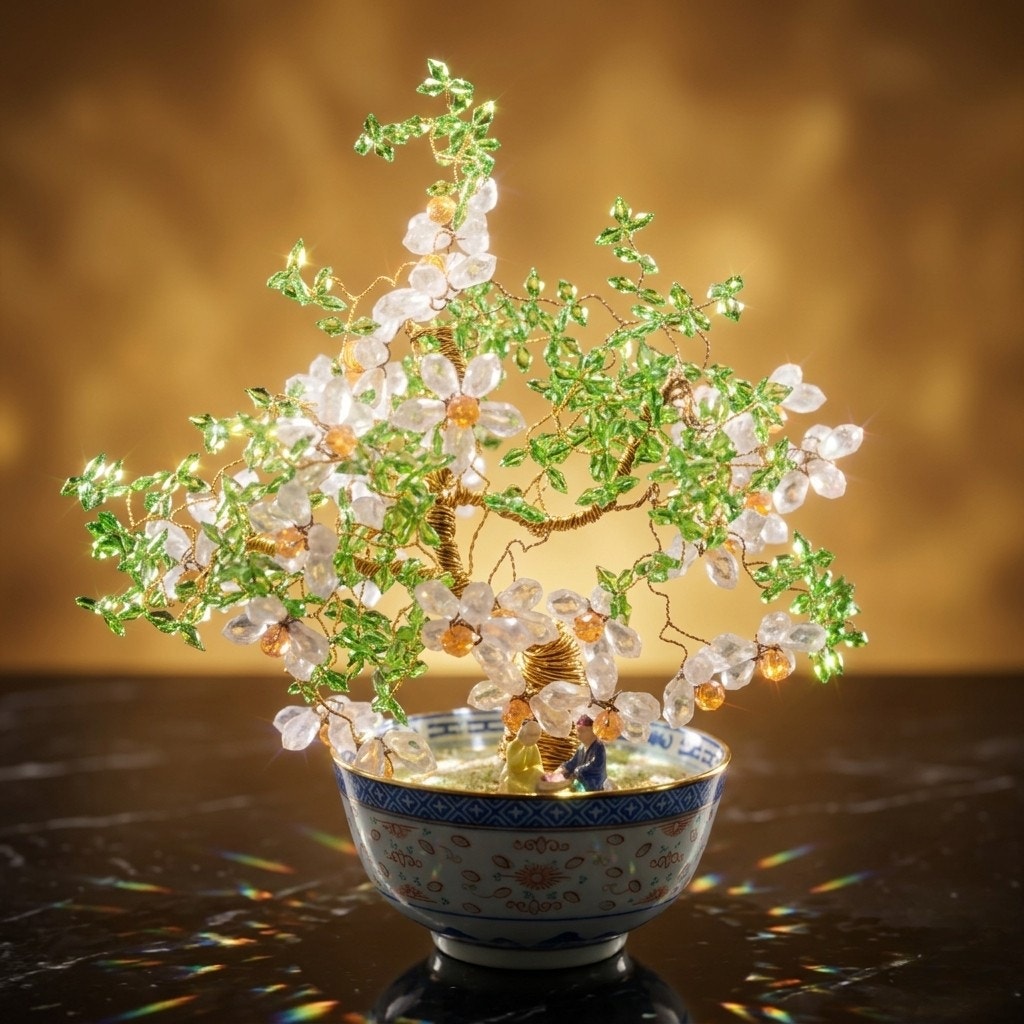 Vintage Chinese Gemstone Bonsai Tree in Porcelain Bowl