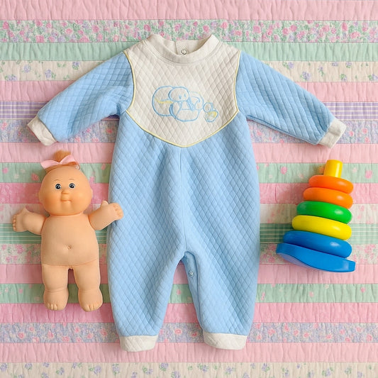 Vintage 1980s LéRoi Kov.R.Alls Blue Quilted Baby Sleeper | Teddy Bear & Duck Embroidery | Size 0-3 Months | Made in USA