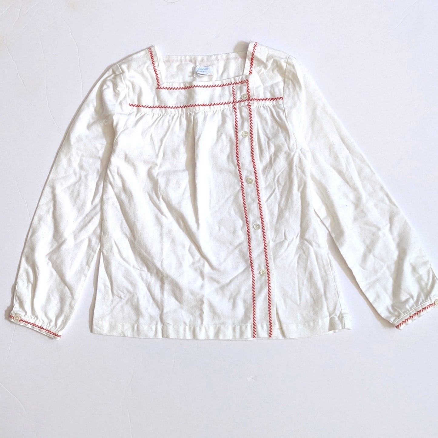 Jacadi White Flannel Long Sleeve Blouse Button Up Red Vine Trim | Girls Size 8 Y