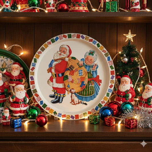 Vintage Giftco Santa & Mrs. Claus Holiday Metal Tray – Christmas Serving Tray 13” Collectible Retro Home Decor