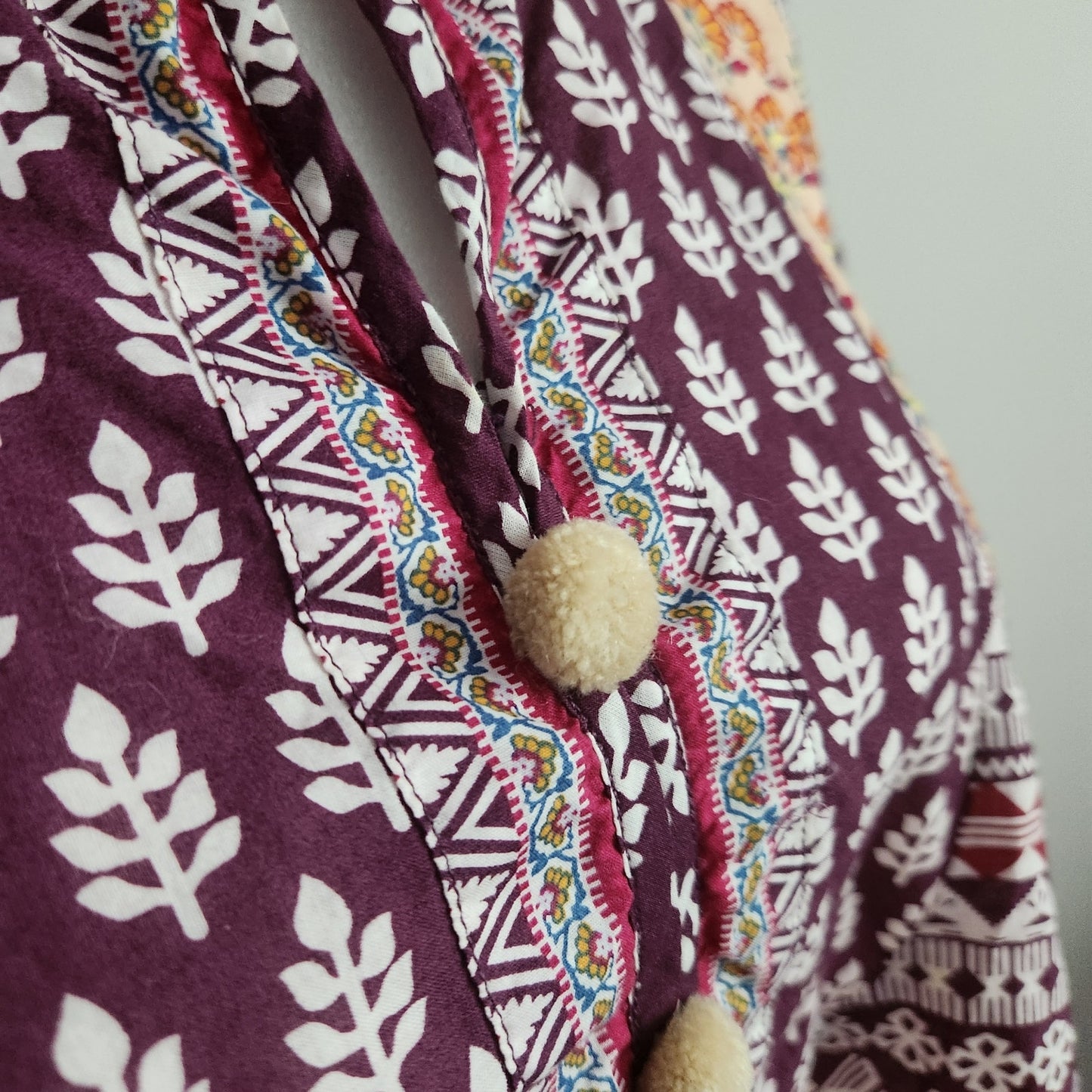 Khaadi Cotton Pom Pom Long Sleeve Flare Tunic Boho Artisan Print | Women Size 8