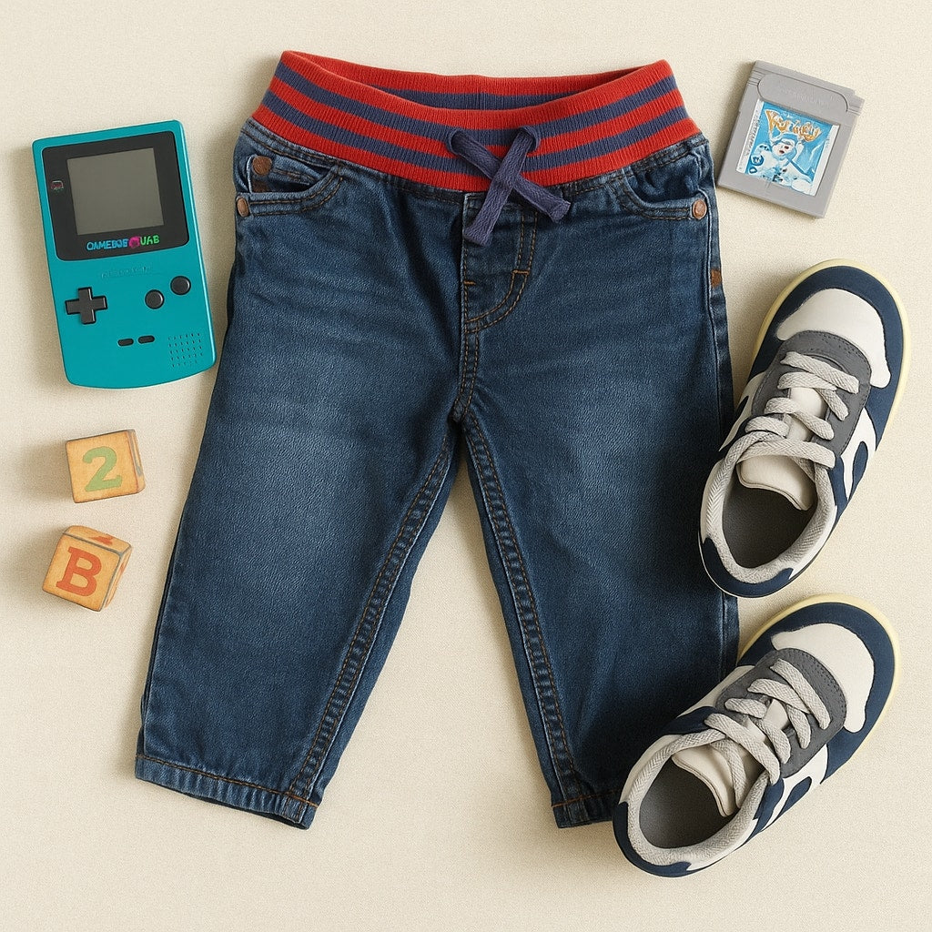 Vintage Y2K Baby Boden Denim Jeans | Toddler Pants | Red & Blue Striped Waistband | Jersey Lined Cozy Cotton | 18-24 Months