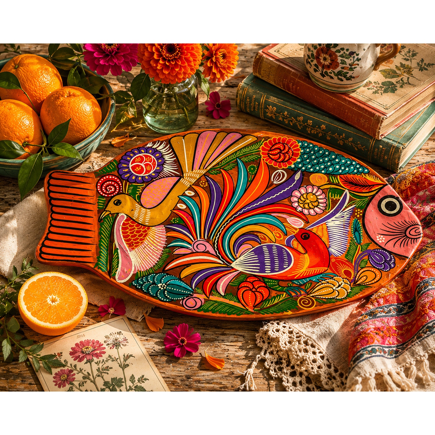 1980s Hand Painted Folk Art Terracotta Fish Tray Wall Plaque