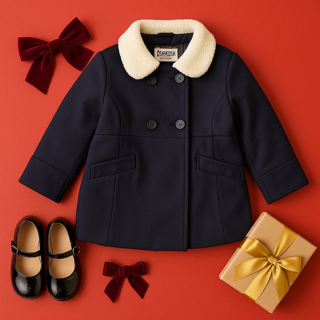 OshKosh B’Gosh Girls Navy Double Breasted Faux Wool Coat with Shearling Collar – Size 6 / 6X