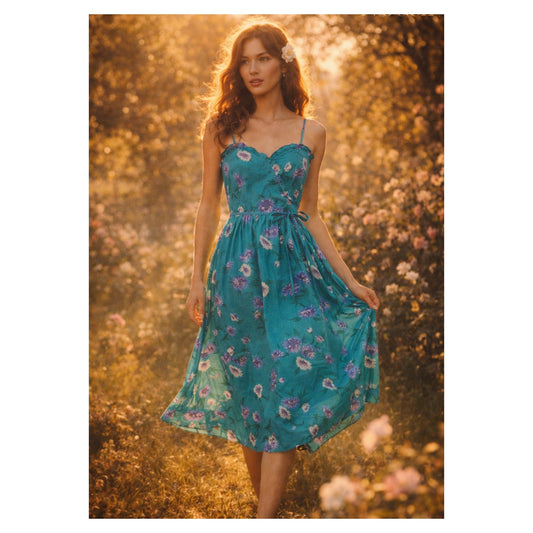 1970s Malia of Honolulu Teal Floral Sundress | Women's 6-8