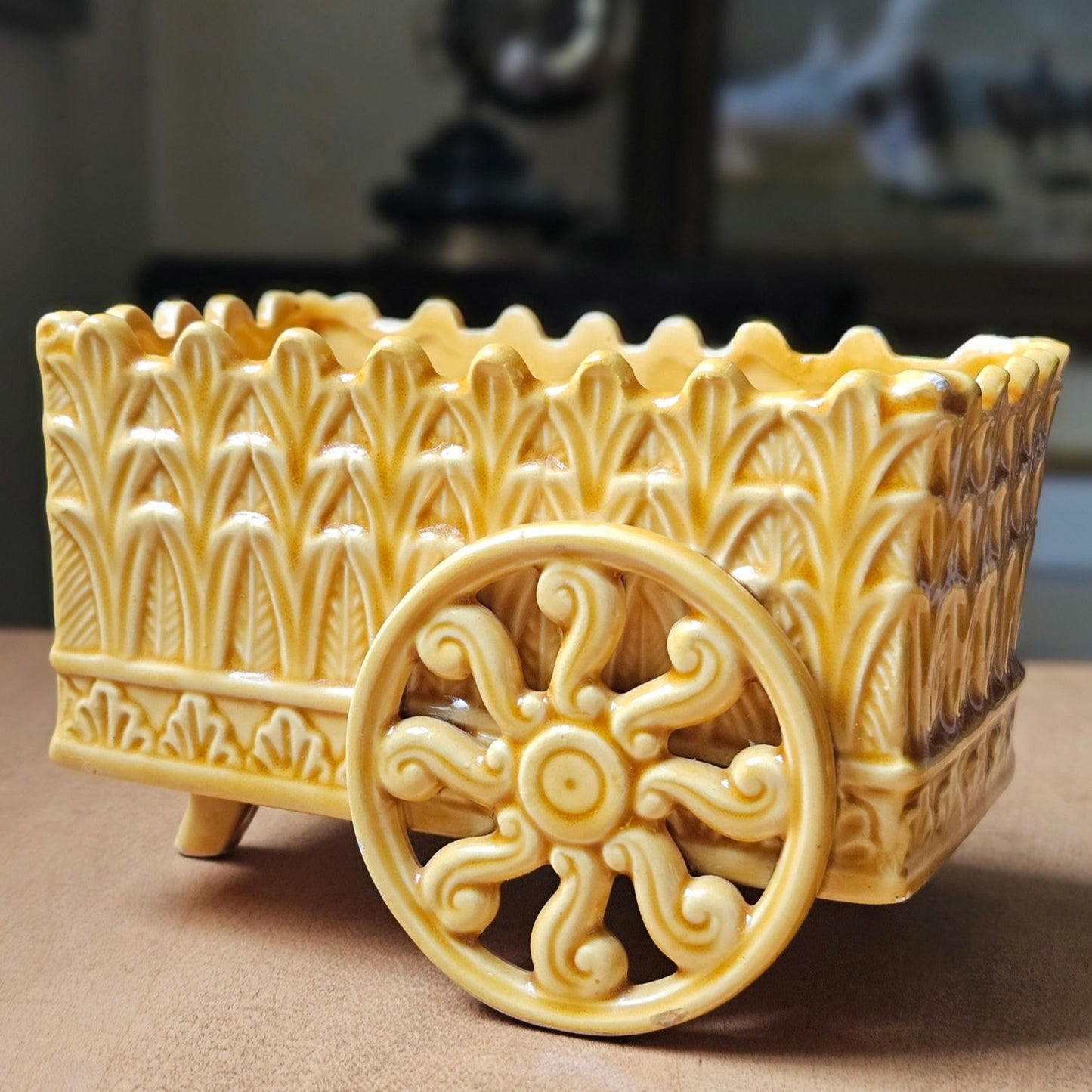 Mid-Century Art Deco Wagon Planter  1940s–1950s Ceramic | Architectural Relief | Honey Glaze