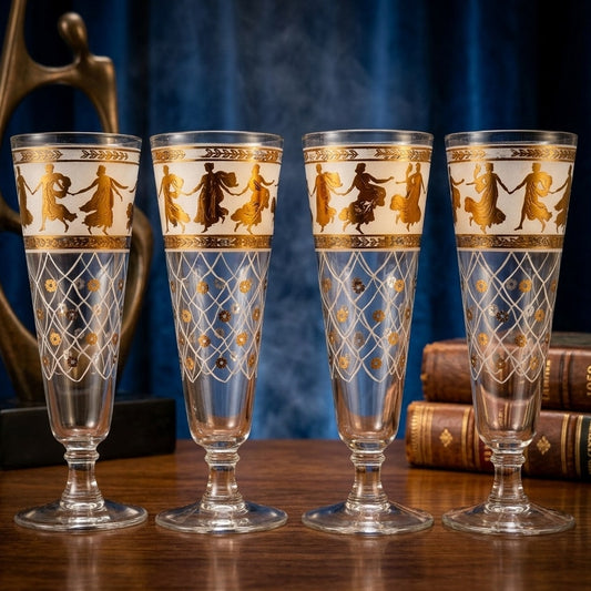 Set of 4 Vintage Aldon Greek Goddess Gold Atomic Barware Pilsner Glasses | MCM 1950s | Home