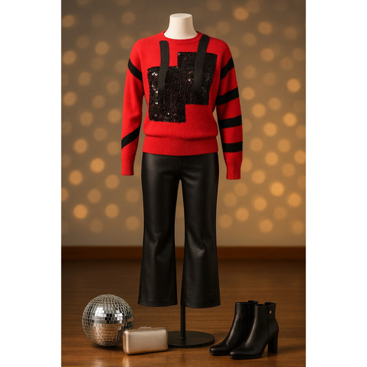 Vintage 1970s Tricoville of London Red Wool Angora Sweater – Black Sequin Graphic, Open Back, Retro Glam Rock Pullover Women's Size Small