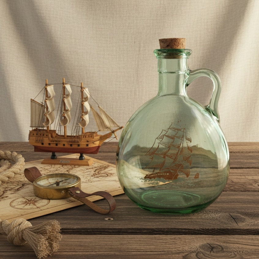 MCM Vintage Old Fitzgerald Green Glass Flagship Decanter Bottle – Tall Ship Design – Collectible Nautical Barware