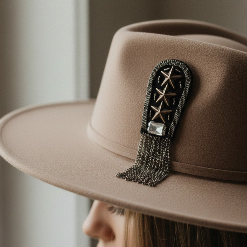 Vintage Boho Rock Epaulette Brooch Set – Gunmetal Chain Fringe Star Pins – Festival Western Statement Accessories