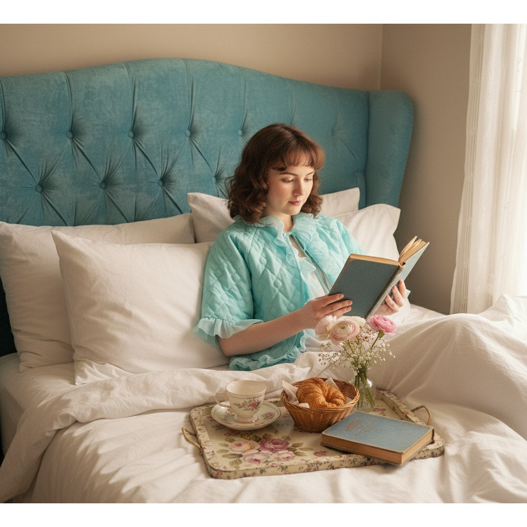 1960s Aqua Blue Quilted Nylon Bed Jacket with Ruffle Trim | Made in California | Women's M