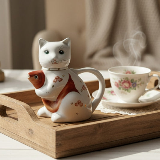 Vintage Cat & Koi Porcelain Teapot • Hand-Painted Lid/Spout • Metallic Gold