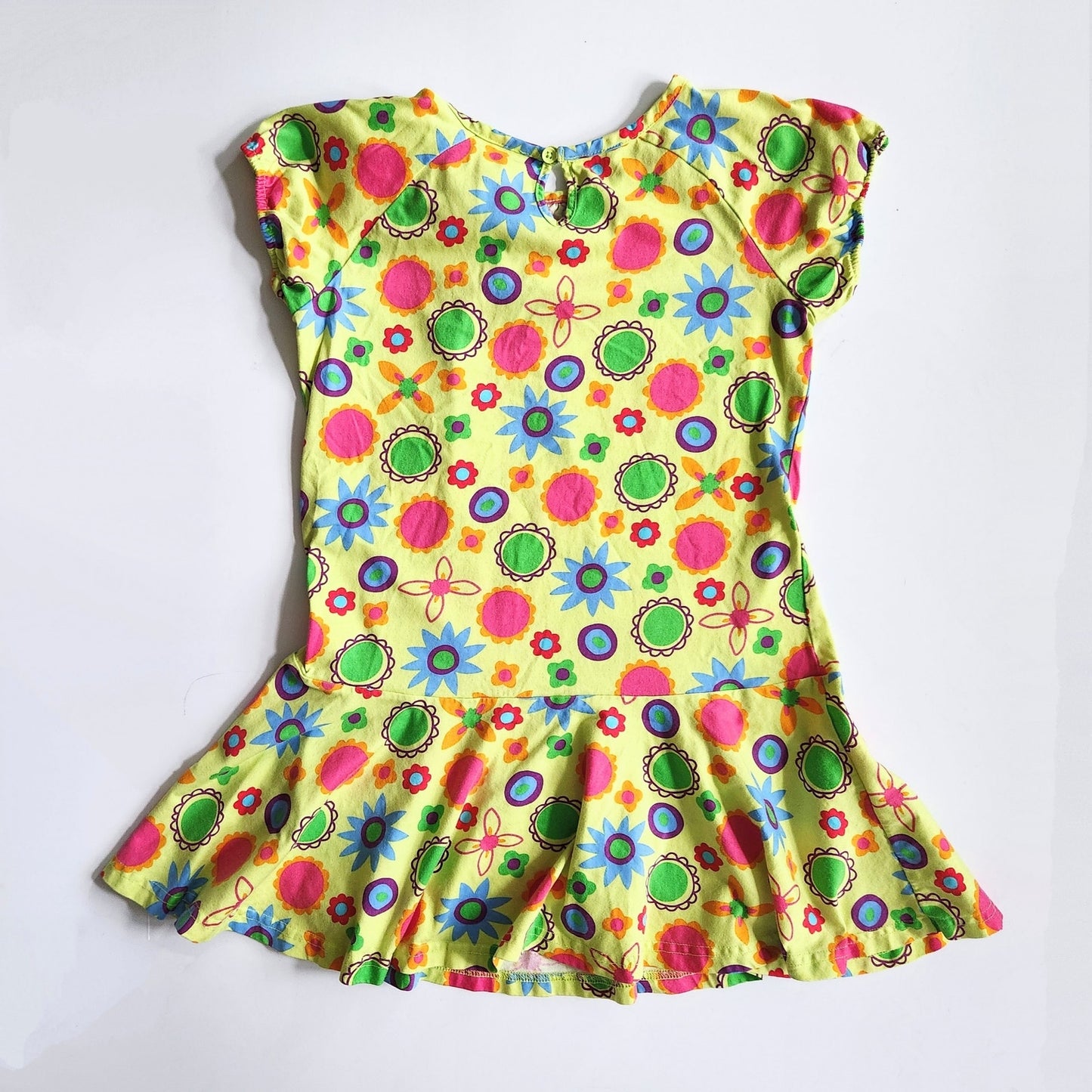Hanna Andersson Girls Neon Yellow Flower Power Drop Waist Dress Size 120 cm | 6-7
