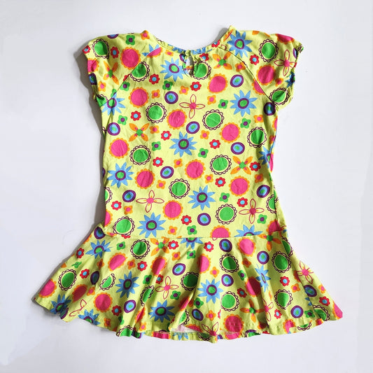 Hanna Andersson Girls Neon Yellow Flower Power Drop Waist Dress Size 120 cm | 6-7
