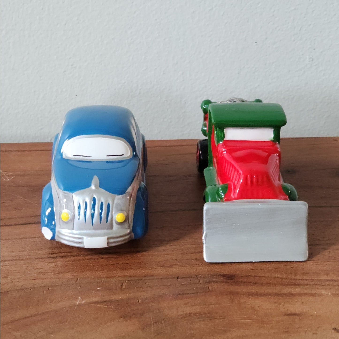 Vintage Department 56 Classic Sedan & Snow Plow — 1990s Snow Village Ceramic Vehicle Set
